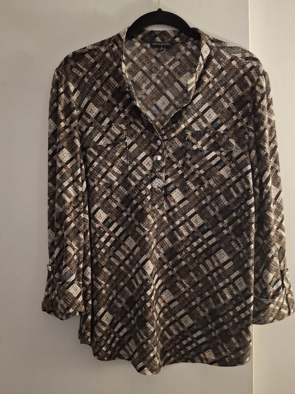 Ava & GRACE Women's Brown Plaid Henley Tunic Top